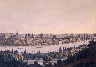 Oude en Nieuwe Steden van Praag (gekleurde ets) door Vincenc Morstadt